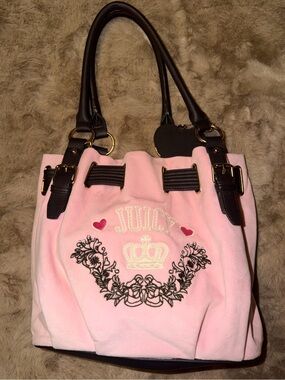 Juicy Couture Pink Embroidered Drawstring Shoulder Bag with Dark Handles